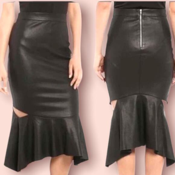 Bardot Women’s Black Faux Leather Zip Cut Outs Midi Milano Skirt Size 4/XS - Picture 1 of 8
